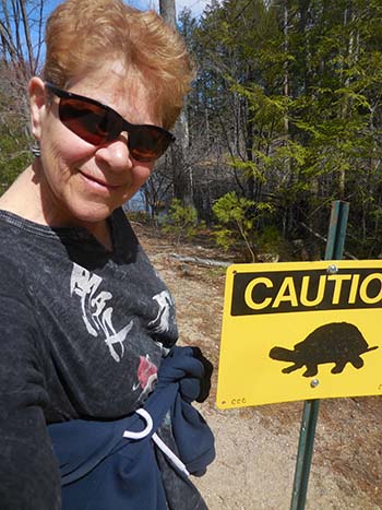 Judi Lindsey with one of the Candia Conservation Commission critter crossing signs